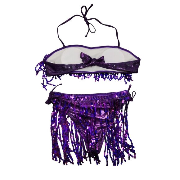 Purple Womens Sequin Fringe Bikini Set Swimsuit Tie Closures Halter Neck Size S - Picture 2 of 5